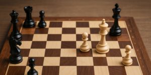 Schachbrett mit weißem König, weißem Bauern und schwarzen Figuren – strategische Spielsituation