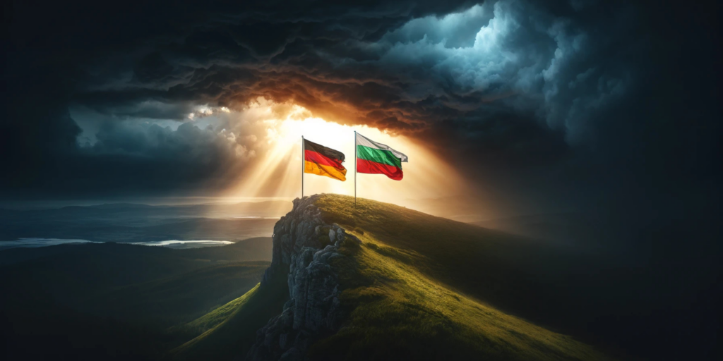 Deutsche und bulgarische Flagge auf einem Berggipfel bei dramatischem Himmel und Sonnenstrahlen
