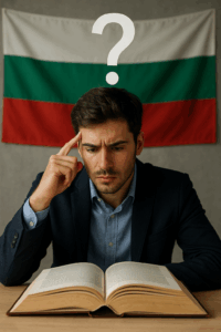Bild zeigt einen jungen Unternehmer vor einem Buch und sitzend. Im Hintergrund ist eine bulgarische Flagge zu sehen. Über seinen Kopf erscheint ein großes Fragezeichen. Er wundert sich sicher, welche ist die richtige bulgarische Unternehmensform.