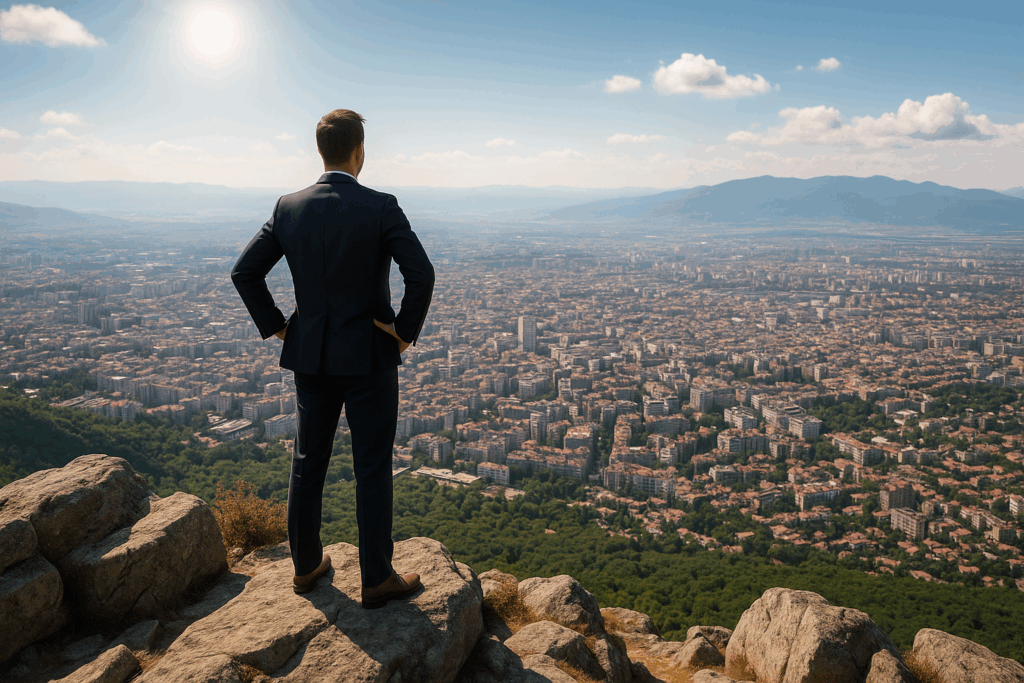 Unternehmer auf einem Berg mit Blick auf Sofia, die Hauptstadt von Bulgarien. Es entsteht der Eindruck unbegrenzter Möglichkeiten - vielleicht auch, weil er das Thema bulgarische Steuern verstanden hat.
