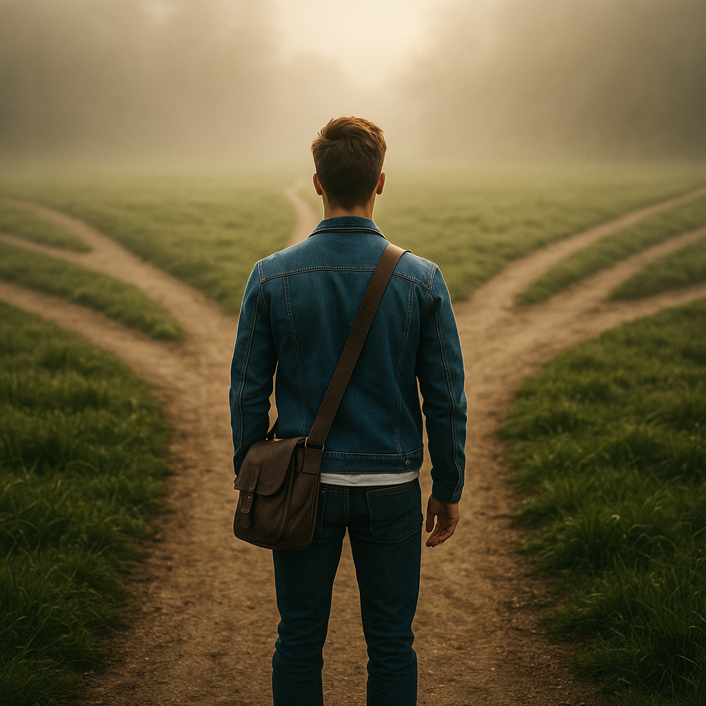 Image shows a young founder at a fork in the road. The image symbolizes the different decisions a founder can make to develop the right business ideas.