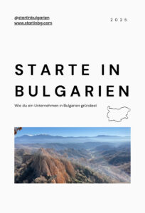Starte in Bulgarien Buchcover zeigt den Titel des Buches, ein Foto von einem Berg in Bulgarien und eine kleineres Symbol in der Form von Bulgariens Geographie