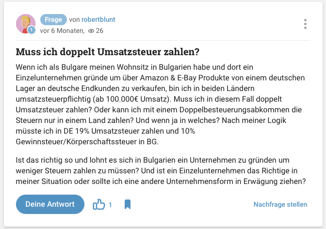 Screenshot aus dem Forum GuteFrage.net über doppelte Umsatzsteuer bei Amazon Verkäufen aus Bulgarien