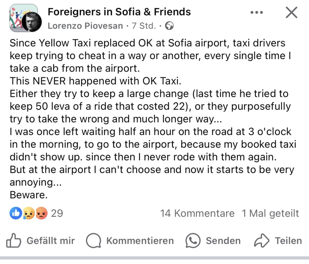 Diskussion aus einer Facebook Gruppe übers Taxi fahren in Bulgarien