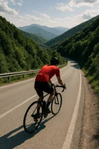 Rennradfahrer auf einer Tour durch die bulgarischen Berge – ein typisches Erlebnis bei Fahrradreisen in Bulgarien, umgeben von Natur, Wald und Panoramablick.