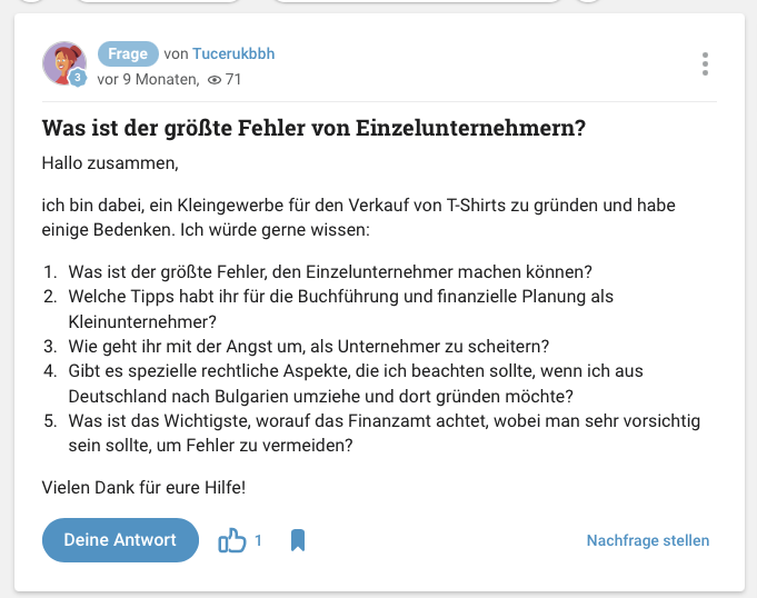 Screenshot aus dem Forum gutefrage.net mit einer Liste an Fragen unter dem Thema größte Fehler von Einzelunternehmern mit einer Subfrage zum Auswandern nach Bulgarien nach rechtlichen Aspekten die es zu beachten gibt.