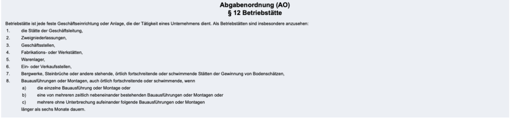 Screenshot von der Seite Gesetze-im-internet über die Abgabenordnung (AO) Par. 12 Betriebsstätte
