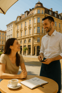 Bulgarisch lernen um im Cafe in der Landessprache zu bestellen. Das Bild zeigt eine junge Frau, die bulgarisch lernt und gerade mit dem Kellner spricht.
