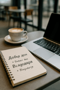 Bulgarisch lernen - Ein Muss fur Gründer. Das Bild zeigt einen Cappuccino, einen Laptop und einen Block mit Bulgarischen Vokabeln in einem Kaffee