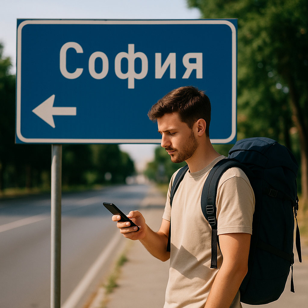 Auswandern nach Bulgarien. Digitaler Nomade steht vor einem Schild, das nach Sofia zeigt