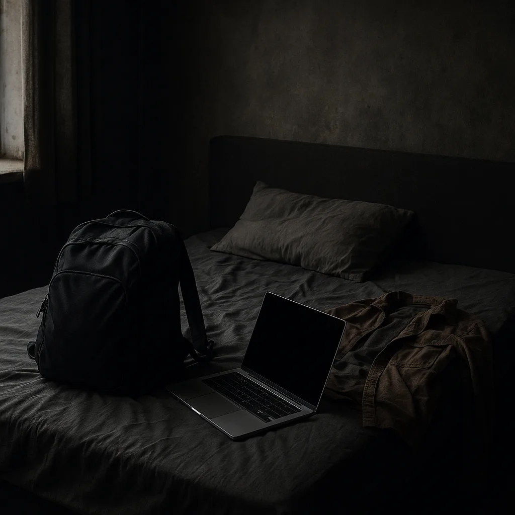 Ein dunkles, bedrückend wirkendes Schlafzimmer in Russland. Auf dem ungemachten Bett liegen ein schwarzer Rucksack, ein aufgeklappter Laptop und ein paar zerknitterte Kleidungsstücke. Das Licht fällt schwach durch ein Fenster und wirft Schatten in den Raum.
