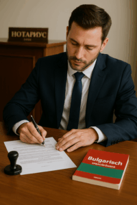 Unternehmensgründung in Bulgarien - Mann im Anzug unterschreibt einen Vertrag beim Notar. Vor ihm liegt ein Buch zum Bulgarisch lernen